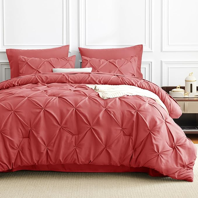CozyLux King Size Comforter Set Coral, 7 Pieces Pintuck Bed in A Bag Coral Comforter King Size, Pinch Pleat Bedding Set with All Season Comforter, Flat Sheet, Fitted Sheet, Pillowcases & Shams