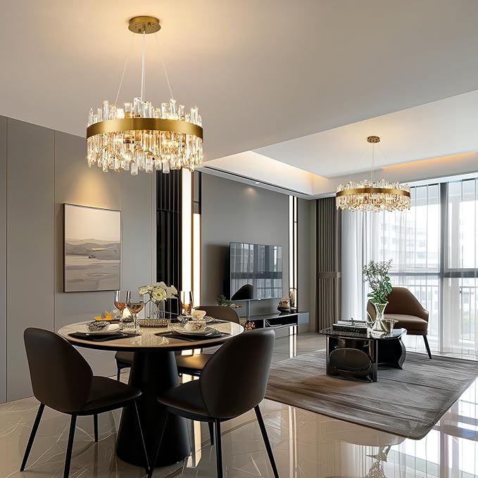 Siljoy Modern Crystal Chandelier, 12-Light Luxury Round 2-Tiers K9 Crystal Raindrop Chandelier, Brushed Brass Gold Crystal Pendant Ceiling Light for Living Dining Room Kitchen Island Foyer D19.7''