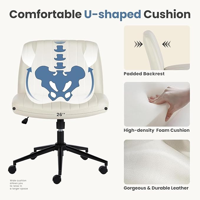 DUMOS Criss Cross Chair with Wheels, Legged Office Armless Wide Desk Seat Dual-Purpose Base, Adjustable Swivel Leather Task Vanity Home Desk Seating, Cream