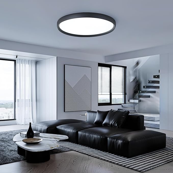 19inch Black LED Ceiling Light Fixture, Ultra-Thin Modern Flush Mount Ceiling Lamp, Dimmable 3000K-6000K, 40W, Minimalist Round Bedroom Light for Living Room, Dining Room, Hallway, Bathroom