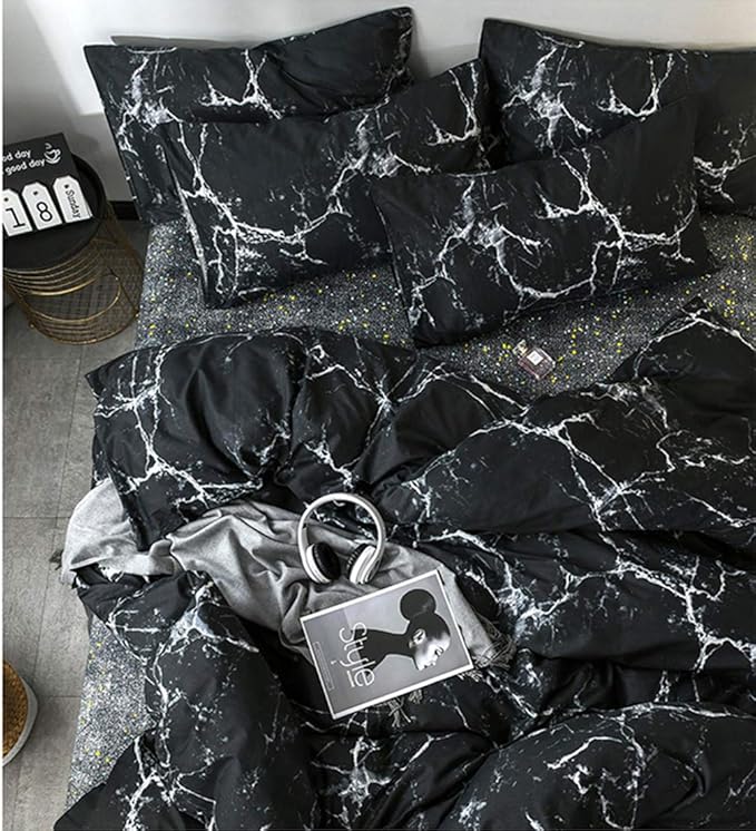 CLOTHKNOW Black Grey White King Size Comforter Set Marble Bedding Comforter Sets All Season Black Comforter Abstract Comforter with 2 x Pillow Cases