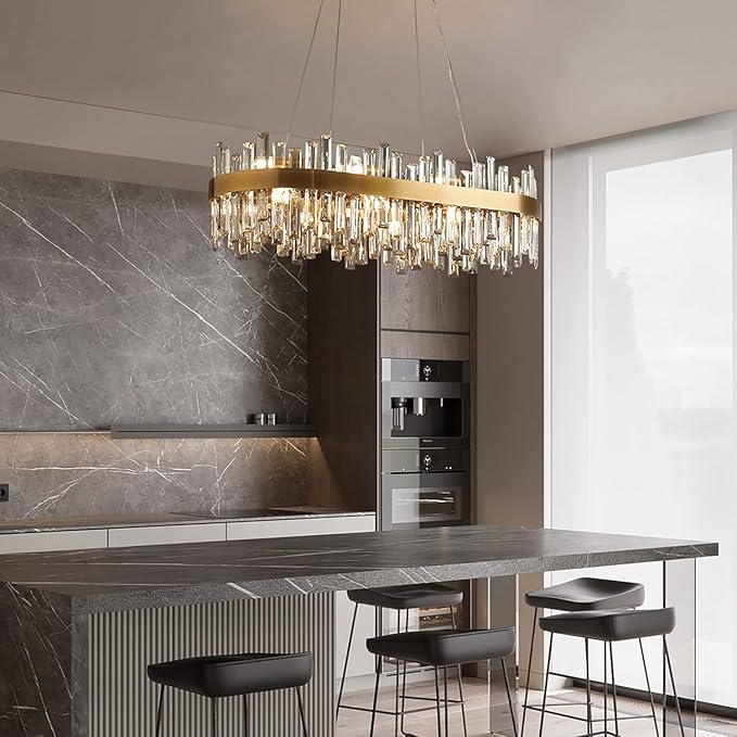 Siljoy 16-Light Modern Crystal Chandelier for Dining Room, Luxury Gold Rectangular Crystal Raindrop Chandelier, Farmhouse Oval Adjustable Pendant Ceiling Light for Living Room Kitchen Island L35.4''