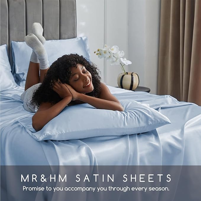 MR&HM Satin Bed Sheets with Elastic Corner Straps, Full Size Sheets Set, 4 Pcs Silky Bedding Set with 15 Inches Deep Pocket for Mattress (Full, Blue Haze)