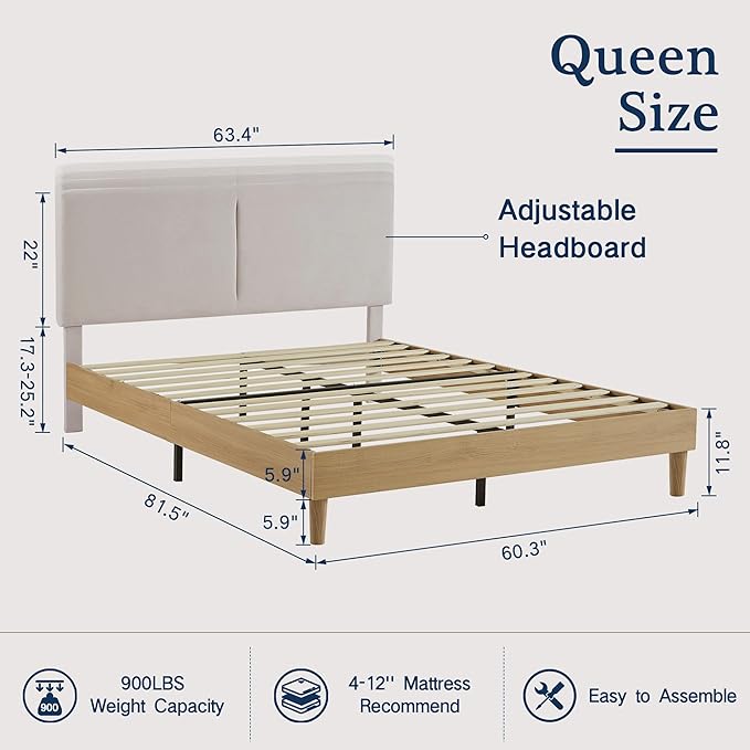 VECELO Queen Bed Frame Upholstered Platform Beds with Height-Adjustable Cotton and Linen Headboard, Heavy Duty Wood Slats, 6" Under-Bed Space, Noise-Free, No Box Spring Needed,Easy Assembly
