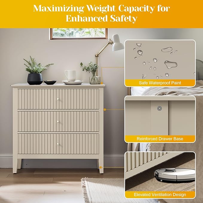 Large Beige Fluted 3 Drawer Dresser Set of 2, Chest of Drawers with Ball Bearing Slide Modern 30 inch Tall Wood Nightstand with Spacious Storage for Bedroom Hallway Living Room Entryway