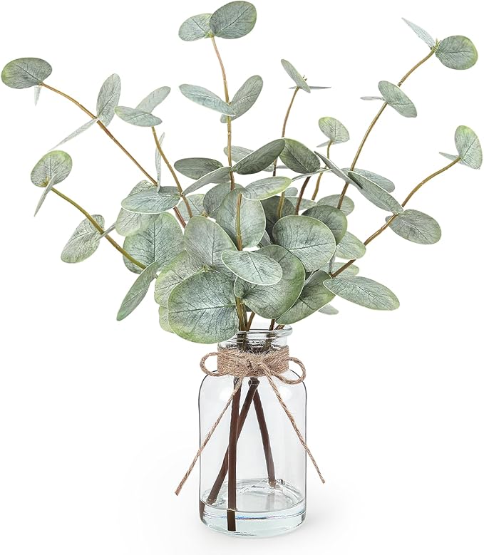Artificial Eucalyptus Stems in Glass Vase with Faux Water, 13.5” Fake Plants for Home Decor Centerpieces, Office, Bathroom & Farmhouse Weddings - Faux Greenery Plants Decorations