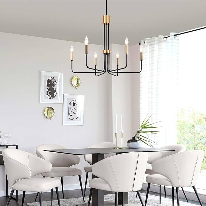 Modern Black and Gold Chandelier,6-Light Farmhouse Chandelier for Dining Room Light Fixtures Ceiling Hanging Industrial Chandelier Light Fixture for Kitchen Living Room Bedroom Entryway