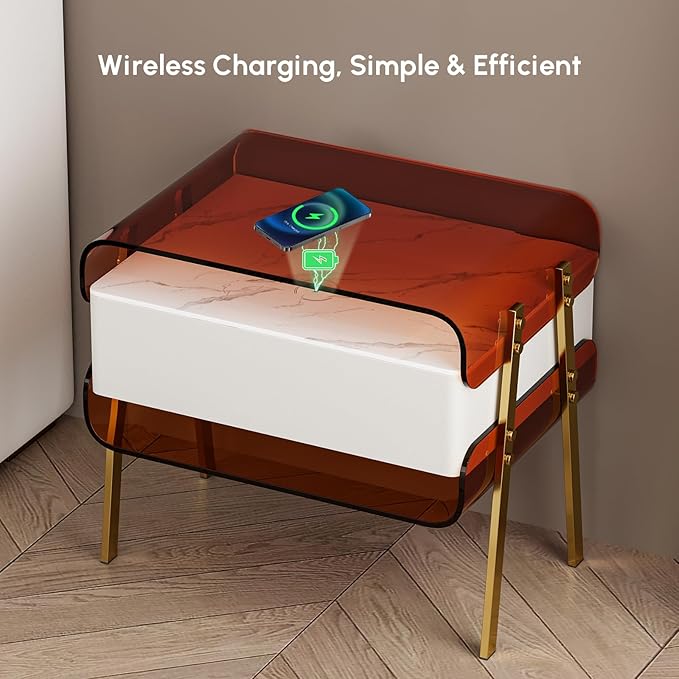 homary Modern Lighted Nightstand with Wireless Charging Station, Acrylic Shelves and Motion Sensor LED – Smart Bedside Table with Leather Drawer and Stainless Steel Legs
