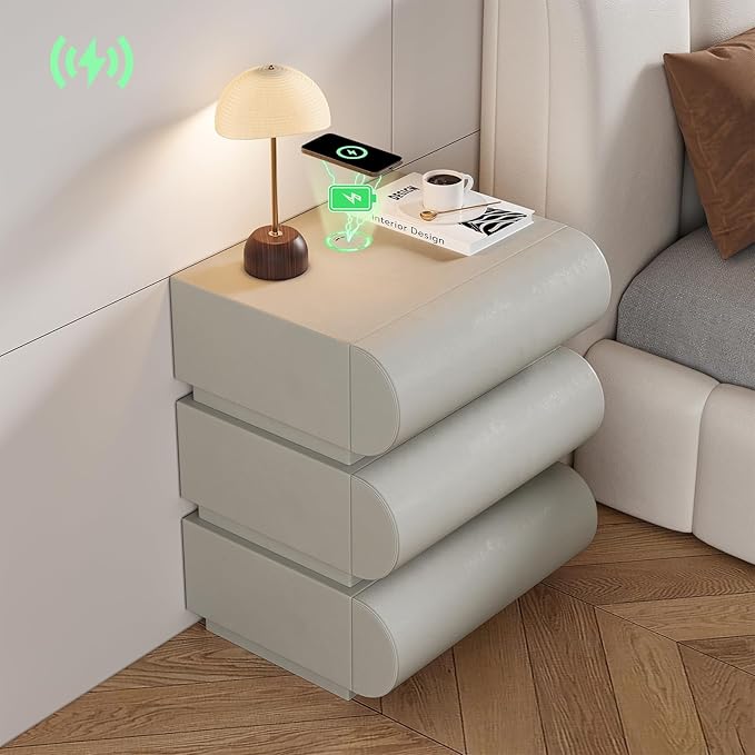 homary Smart Nightstand Modern White Leather Nightstands with Wireless Charger Bedside Table with 3 Drawers for Bedrooms Living Rooms Offices 19.7" W x 16.1" D x 23.6" H (Light Gray 3 Drawers)