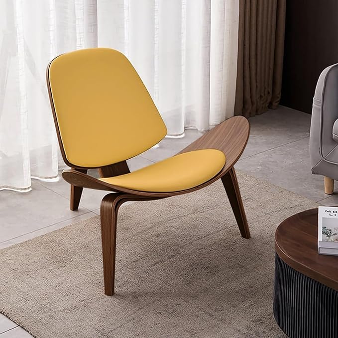 homary Leather Walnut Tripod Accent Chair, High Back Lounge Chair with Soft Faux Leather Seat, Sturdy Wood Frame for Living Room Bedroom (Black) (Yellow)