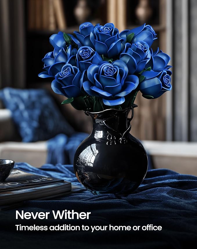 iATOM Blue Rose Bouquet Building Set, Compatible with Lego Flowers for Adults - Gift for Halloween, Gothic Retro Artificial Flowers Botanical Collection Home Decor - IA11007