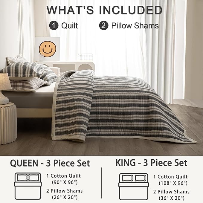 Cotton Striped Quilt Set King 3 Piece Lightweight Reversible Bedding, Stripe Grey White