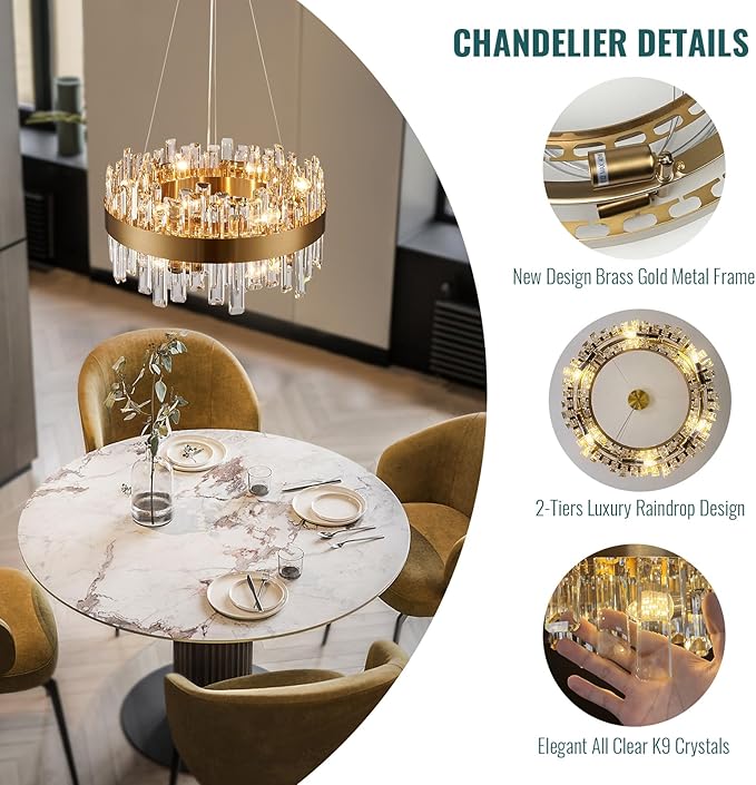 Siljoy Modern Crystal Chandelier, 12-Light Luxury Round 2-Tiers K9 Crystal Raindrop Chandelier, Brushed Brass Gold Crystal Pendant Ceiling Light for Living Dining Room Kitchen Island Foyer D19.7''