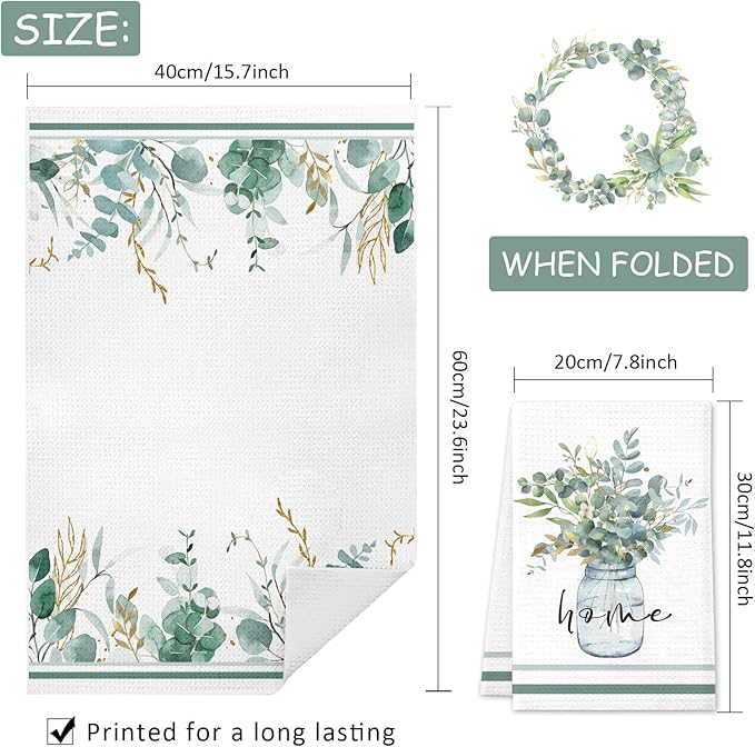 Green Eucalyptus Leaf Kitchen Towels 4 Pack Absorbent Tea Towels 16x24 Inch Dish Towels Green Leaves