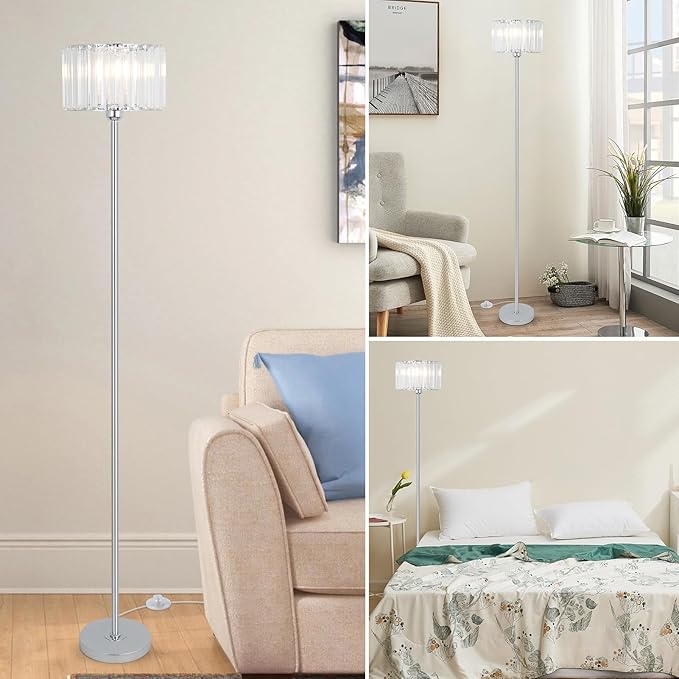HMVPL Crystal Floor Lamp, Chrome Pole Floor Lamp with K9 Crystal Shade, Silver Standing Lamp with On/Off Switch, Modern Corner Tall Lamp for Living Room Bedroom Nursery Office Home Decor