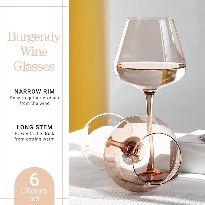 Physkoa Peach Burgundy Wine Glasses Set of 6 – Hand Blown Long Stem Wine Glasses, Lead-Free Crystal Goblets for Red & White Wine, Elegant Party Glassware for Home & Entertaining