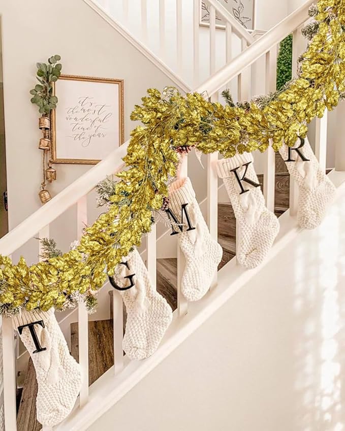 3 Pcs 6FT Christmas Garland Gold Glittered Artificial Holly Leaves for Christmas Tree Decorations Indoor Outdoor Hanging Garland Ornaments Home Decor Garden Door Wall Window Stair Holiday Decoration