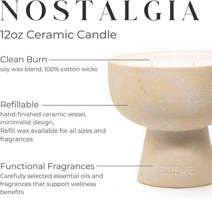 BLUEME Nostalgia - Bergamot & Musk, Luxury Candle w/Essential Oils, 3 Wick, Hand-Poured Soy, Cotton Wick, Ceramic