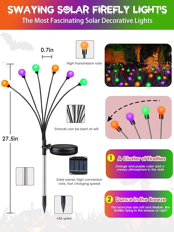 6 Pack Halloween Decorations Outdoor Solar Pathway Lights, Solar Firefly Lights Orange Purple and Green, Sway by Wind, Waterproof Solar Halloween Lights for Patio Garden Yard Lawn Horror Party Decor