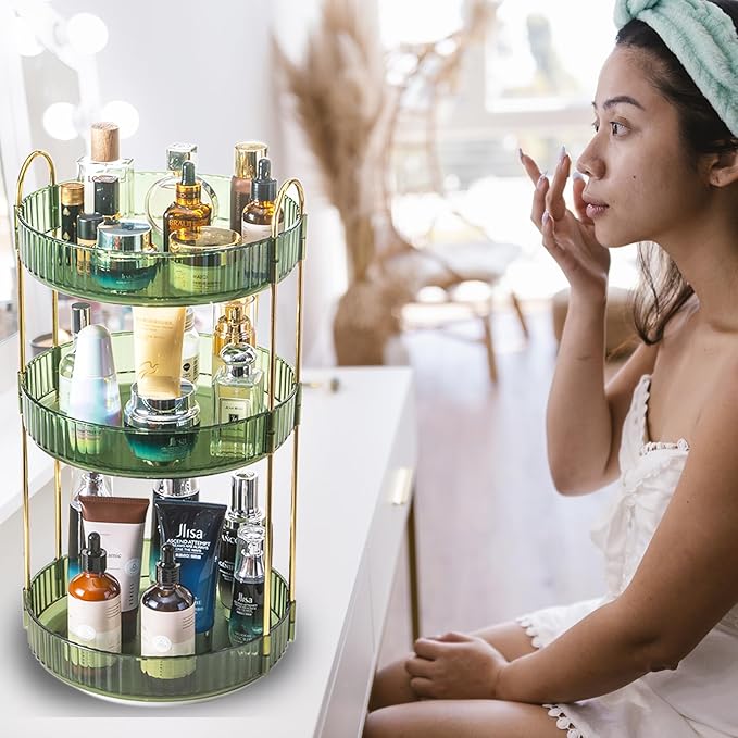 Rotating Makeup Organizer Countertop 3 Tier Lazy Susan Clear Skincare Perfume Storage for Bathroom Counter Vanity, Green Gold