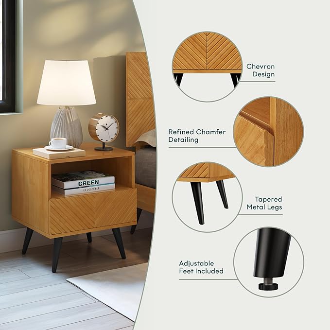Bme Rhombus Wooden Nightstand with Storage Drawer – Solid Acacia Wood, Geometric Rhombus Pattern Front, Modern Scandinavian Side Table with Metal Base for Bedroom