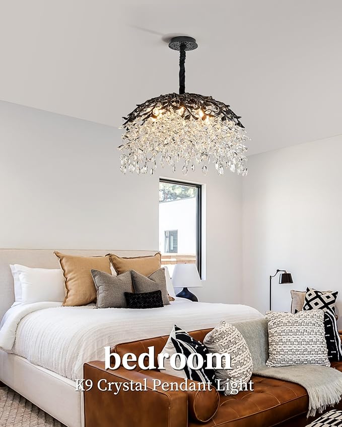 Modern Crystal Chandelier for Dining Room, 8-Light 23.62" Black Tree Branch Chandeliers, Luxury K9 Crystal Rectangular Chandeliers for Kitchen Island Living Room