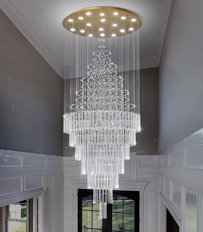 W40 x H120 Glam Chandelier with LED Bulbs Crystal Raindrop High Ceiling Pendant Light for Entrance Large Villa Chandelier Foyer Lighting Fixtures Gold