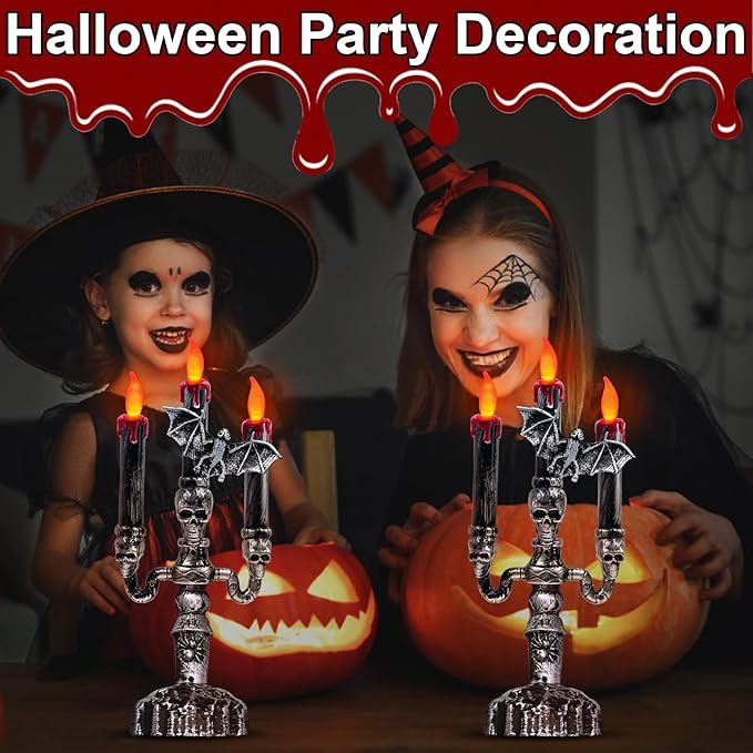 TURNMEON 2 Pack Halloween Decorations Halloween Candles LED Candelabra 3 Flickering Lamp Light Up Battery Operated Candles Holder Flame Less Bat Decor Indoor Table Home Party