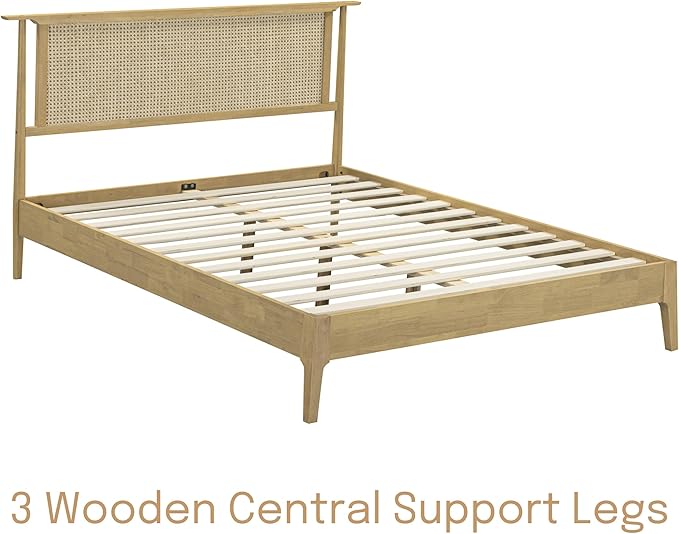NTC Ruby Wooden Bed Frame with Headboard, Solid Wood Foundation with Silent Slats and Wood Central Supports, 1000 Lb Capacity, Effortless Assembly, Multiple Sizes and Colors (Sand, Queen)