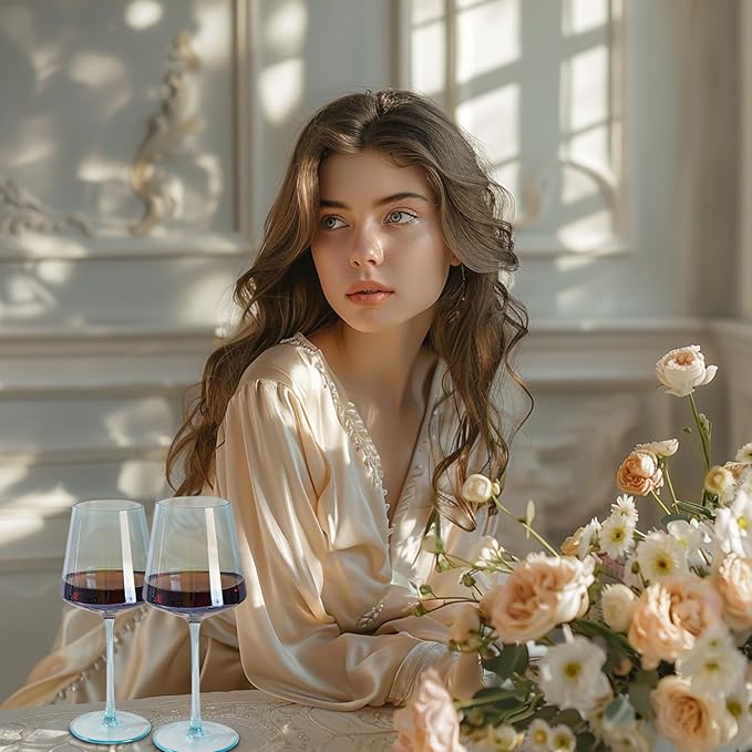 Light Blue Wine Glasses Set 6-16oz Modern Blue Wine Glasses With Tall Long Stem and Flat Bottom,Unique Blue Wine Stemware for Birthday Wedding Bridal Shower