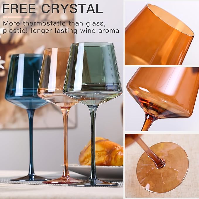 Hand Blown Colored Wine Glasses Set of 6-18oz Multi Colored Square Wine Glasses with Tall Long Stems and Flat Bottom,Crystal Colorful Wine Glass-Wedding,Birthday Gifts Gifts