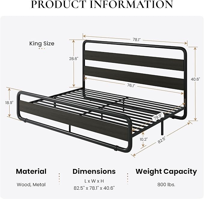 SHA CERLIN King Size Metal Bed Frame with Wooden Headboard and Footboard, Heavy Duty Platform Bed Frame with 10" Under-Bed Storage, Noise-Free, No Box Spring Needed, Black