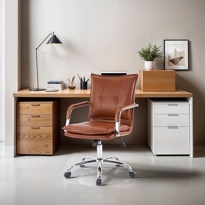 Mid-Back Ergonomic Leather Office Chair, Modern Upholstered Executive Desk Chair with Gold Frame Armrest Computer Task Chair (Caramel &Silver Legs)