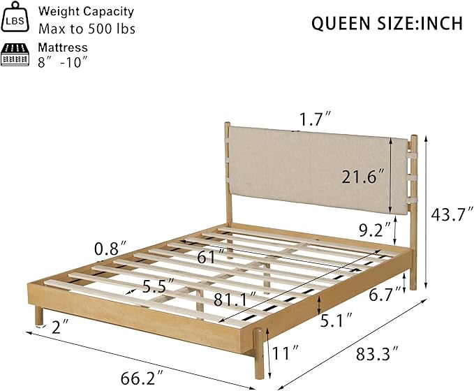 Premium Rubber Wood Platform Bed Frames, Queen Size Headboard Included, Mid Century Modern Beds, Beige