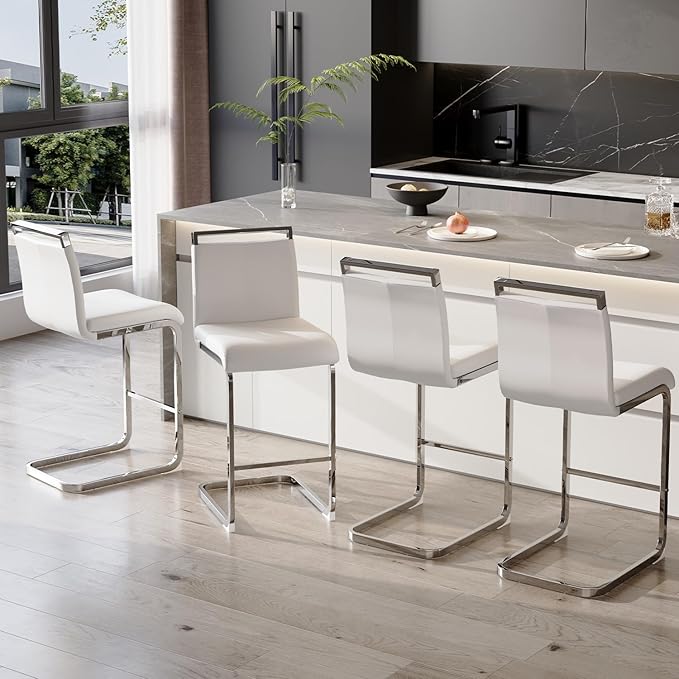 Bar Stools Set of 4,25" Counter Height Bar Stools with Footrest,White Faux Leather Kitchen Stools with Chrome Plated Metal Leg,Counter Height Stools Ideal for Island Pub Kitchen Counter Dining Chair