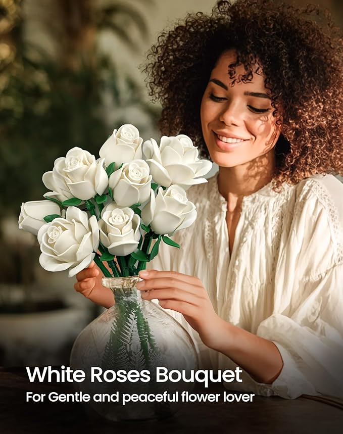 iATOM White Rose Bouquet Building Set, Compatible with Lego Flowers for Adults Women, Artificial Wedding Flowers Home Decor - Botanical Collection Gift for Valentines & Mother's Day - IA11013