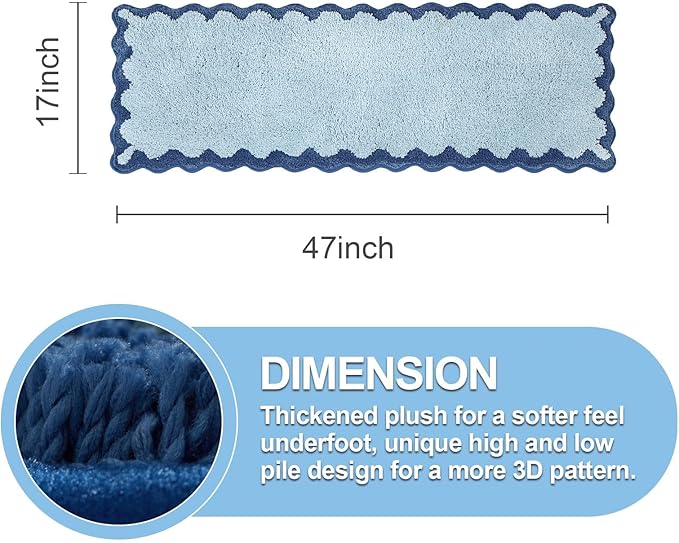 ORTIGIA Long Cute Scalloped Bathroom Rugs Runner, Fun Blue Plush Microfiber Scallop Bath Mats Non Slip Washable Quick Dry Absorbent, Rug for Bathtub Sink Laundry Room Bedroom, 17x47