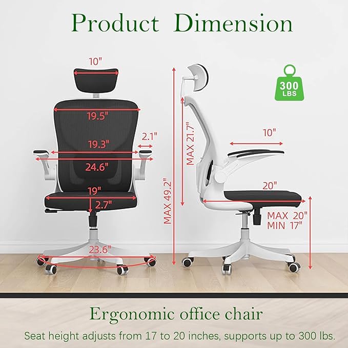 Ergonomic Office Chair, High-Back Mesh Desk Chair with Adjustable Height, Lumbar Support, Flip-Up Armrests,headrest,and Swivel Rolling Design for Home and Office Use