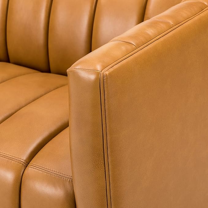 HULALA HOME 83" Genuine Leather Sofa with Channel Tufted Design, 3-Seater Sofa for Living Room Bedroom, Modern Oversized Couch with Wood Legs, Camel