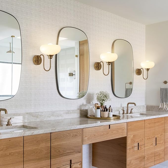 KCO Lighting Brushed Gold Wall Sconces Set of Two Milk Glass Wall Sconce Mid Century Modern Wall Sconce Frosted Globe Vanity Light Bathroom Sconces Wall Lighting Set of 2