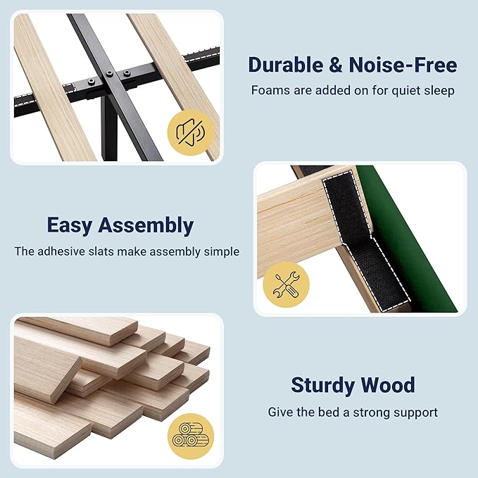 Allewie Vintage Full Size Velvet Platform Bed Frame with Curved Vertical Tufted Wingback Headboard and Footboard, Charging Station, Easy Assembly, Under Bed Storage, No Box Spring Required, Green