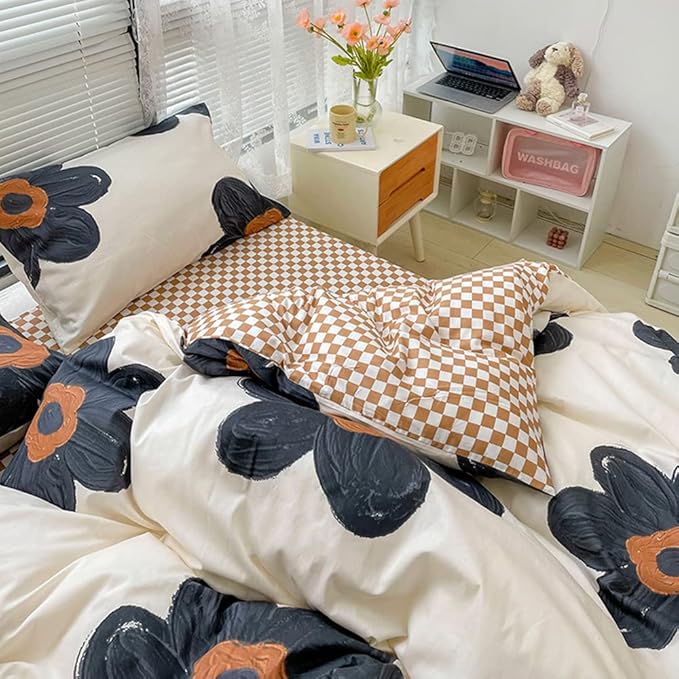 CLOTHKNOW Black Floral Queen Comforter Set Sunflower Bedding Comforter Sets Pumpkin Grid Comforter Soft Botanical Queen Comforter with 2 x Pillow Cases