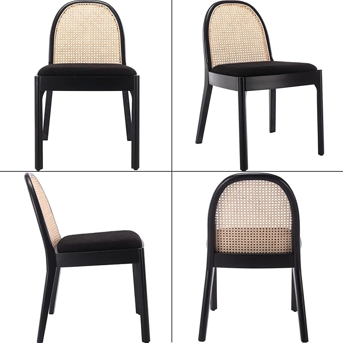 Mid Century Dining Chairs Set of 4, Rattan Sherpa Fabric Side Chairs Kitchen Chair with Solid Wooden Legs for Living Room Dining Room, Black