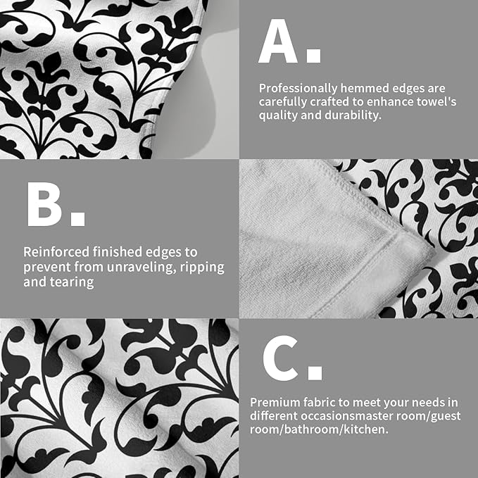 Black White Kitchen Towels Set of 2 Abstract Floral Paisley Design Dish Towels Black Flower