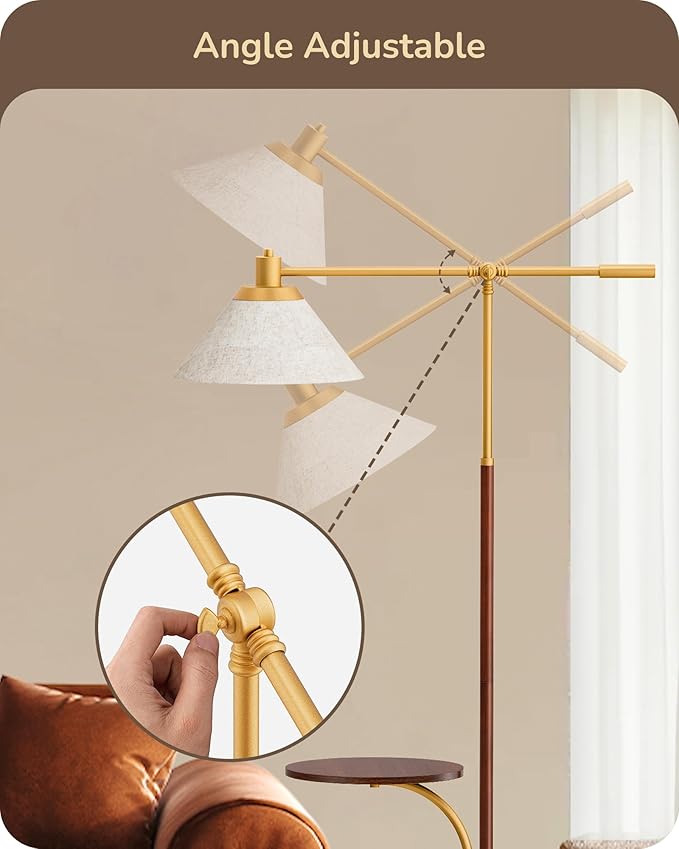 EDISHINE 68" Arc Floor Lamp with Table, Vintage Standing Lamp for Living Room, Tall Reading Lamp, Beige Shade, Adjustable Arm, Remote Dimmable Bulb Included, for Bedroom Office, Wood Grain