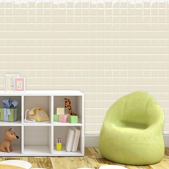Alwayspon 10 Sheets 10"x10" Beige 3D Vinyl Backsplash Tiles, Self-Adhesive Peel and Stick Wall Tile Stickers Stick on Subway Tiles for Kitchen Bathroom Wall