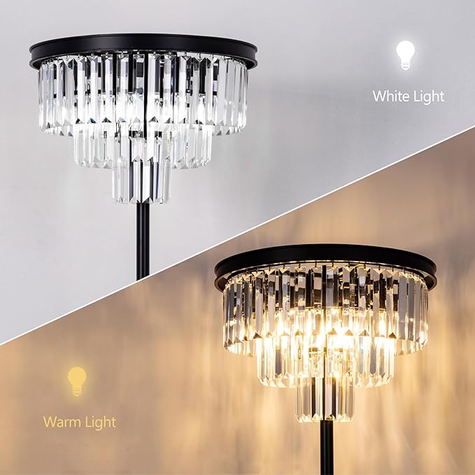 Wellmet 4 Lights Black Floor Lamp, Modern 3 Tiers Crystal Standing Lamp for Living Room Bright Lighting, Elegant Tall Crystal Floor Lamp with Foot Switch for Reading Room, Bedroom, Office (E12 Base)