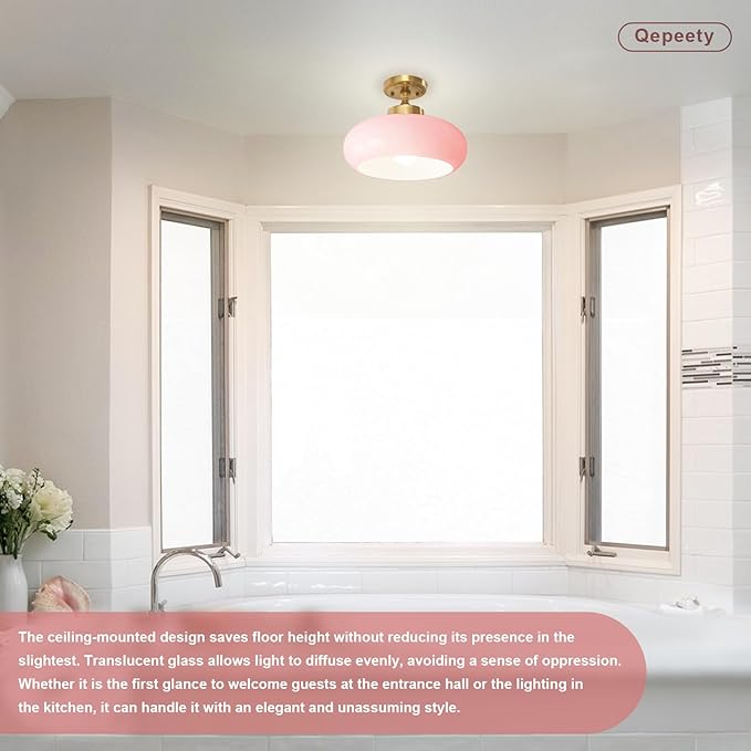 Flush Mount Ceiling Light, 2-Pack 11.02 Inch Pink Glass Close to Ceiling Light Glass Shade Golden Modern Lighting Farmhouse Hallway Light Fixtures for Hotel Entryway Girls Bedroom Foyer
