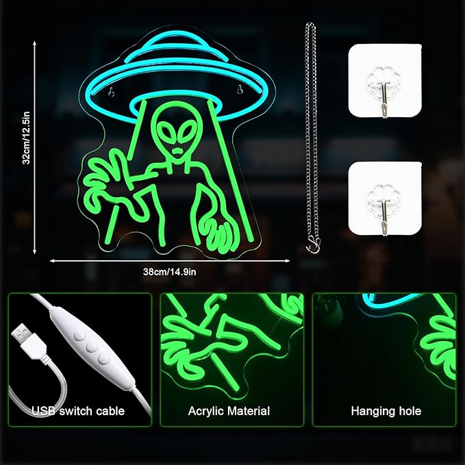 Lucunstar Alien Neon Sign,Green Led Wall Decor,LED Alien Neon Light, Shop Bar Man Cave,Teen Room,Game Room Decor,Hip Hop Party Neon Signs Wall Decor,Party Bedroom