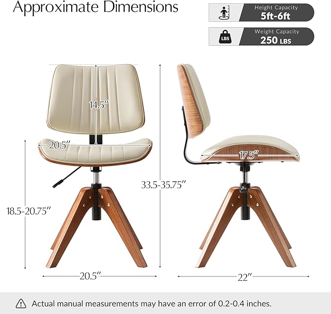 HULALA HOME Desk Chair with Solid Wood Legs, Adjustable Height & 360° Swivel, Comfy Bentwood Faux Leather Tufted Task Chair, Ivory